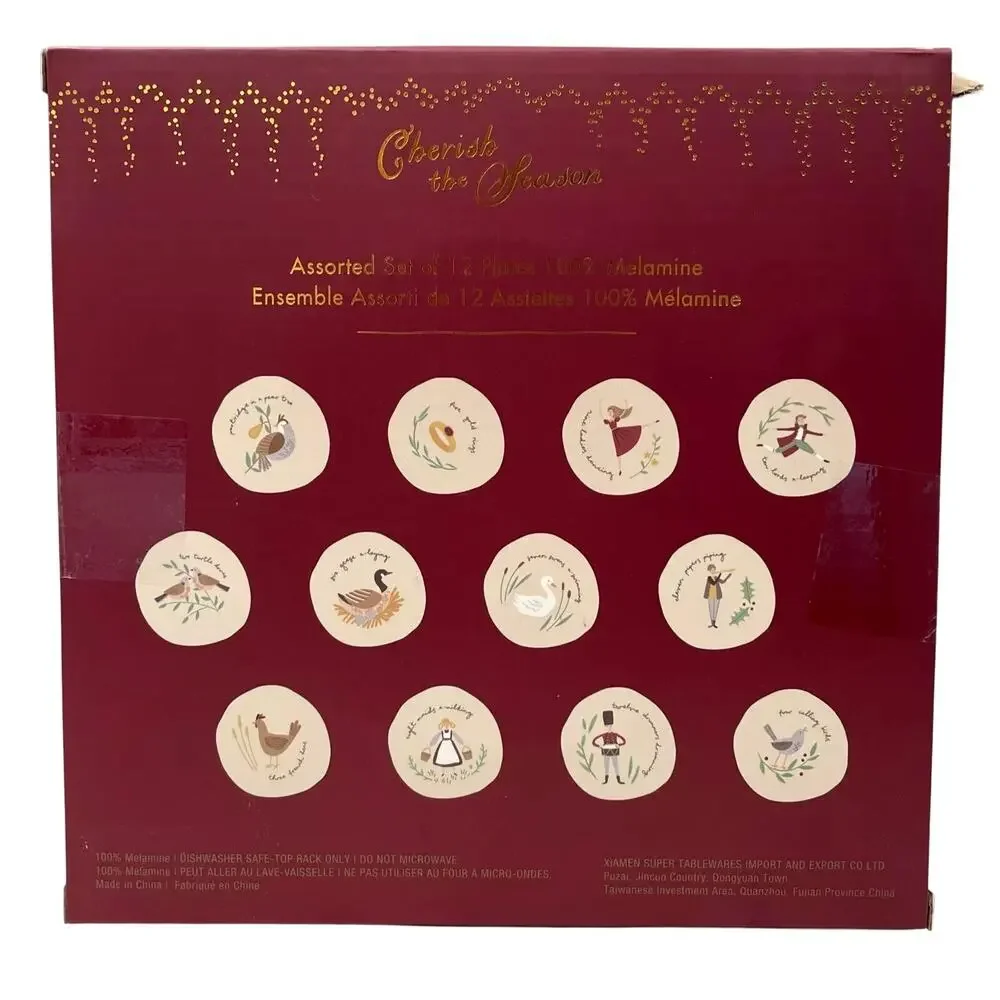 12 Days of Christmas Melamine Plate Set of 12 Salad Snack Plates NIB HOLIDAY